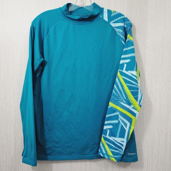 Reebok mock turtleneck long sleeve compression top teal with abstract sleeve XL - Picture 1 of 9